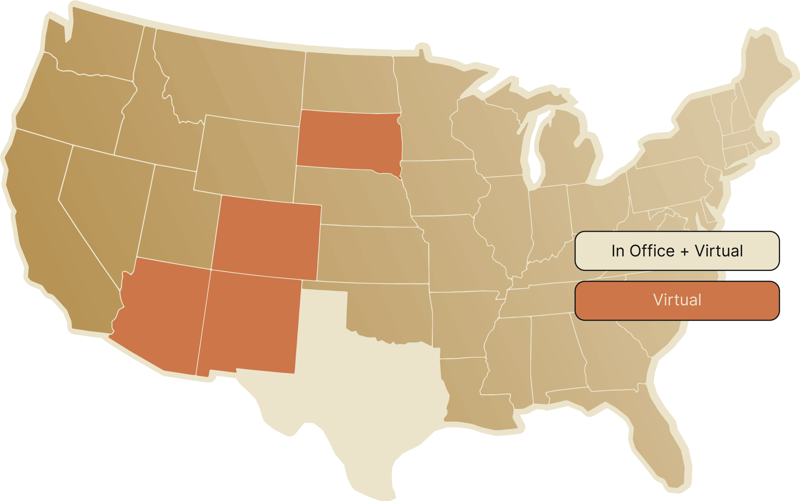 map showing highlighting the states that carencia operates in